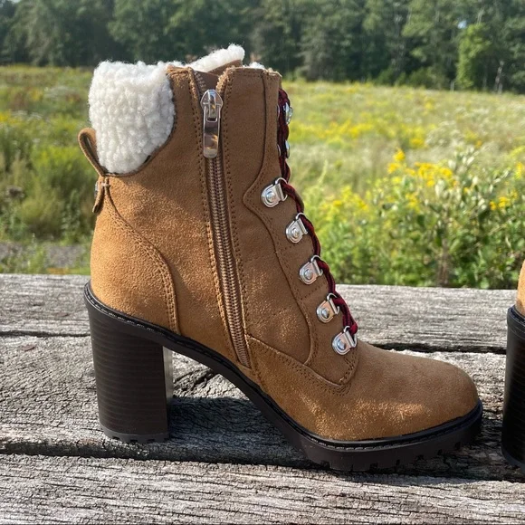 8 10 NWT Nine West tan chunk heel faux fur suede vegan moto combat boots - Picture 6 of 13